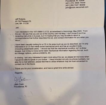 Letter sent to Jeff in France inquiring about the car