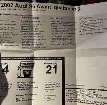 2002 Audi S6 Avant window sticker